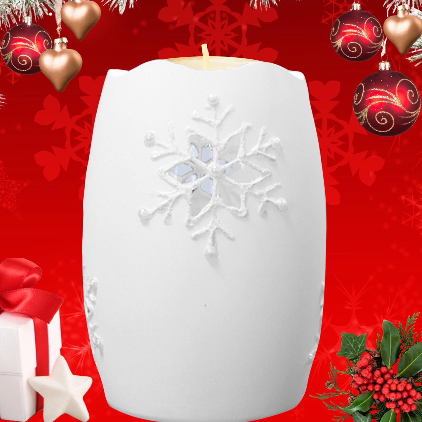 Lighted Snowflake Candle Holder – White Frosted Glass Christmas Decoration, 5" H x 3.5" D Winter Snowflake Table Décor, LED Holiday Candle Holder for Mantel, Shelf, Centerpiece Home Accent Gift