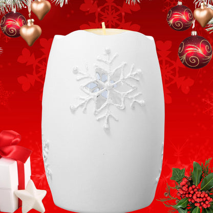 Lighted Snowflake Candle Holder – White Frosted Glass Christmas Decoration, 5" H x 3.5" D Winter Snowflake Table Décor, LED Holiday Candle Holder for Mantel, Shelf, Centerpiece Home Accent Gift
