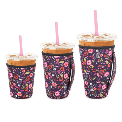 3 Pack Iced Coffee sleeve Insulated Neoprene Cup Sleeves with handle For Cold Drinks Beverages, Reusable Cup Holder for 16oz-32oz Coffee Cups (Skeletons Floral)