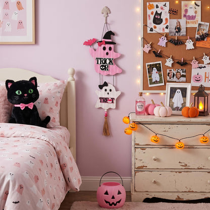 Valery Madelyn Pink Halloween Decorations, Cute Halloween Door Wreath Decorations, Ghost with Witch Hat Wooden Hanging Sign for Wall Window Door Handle, 16 inch