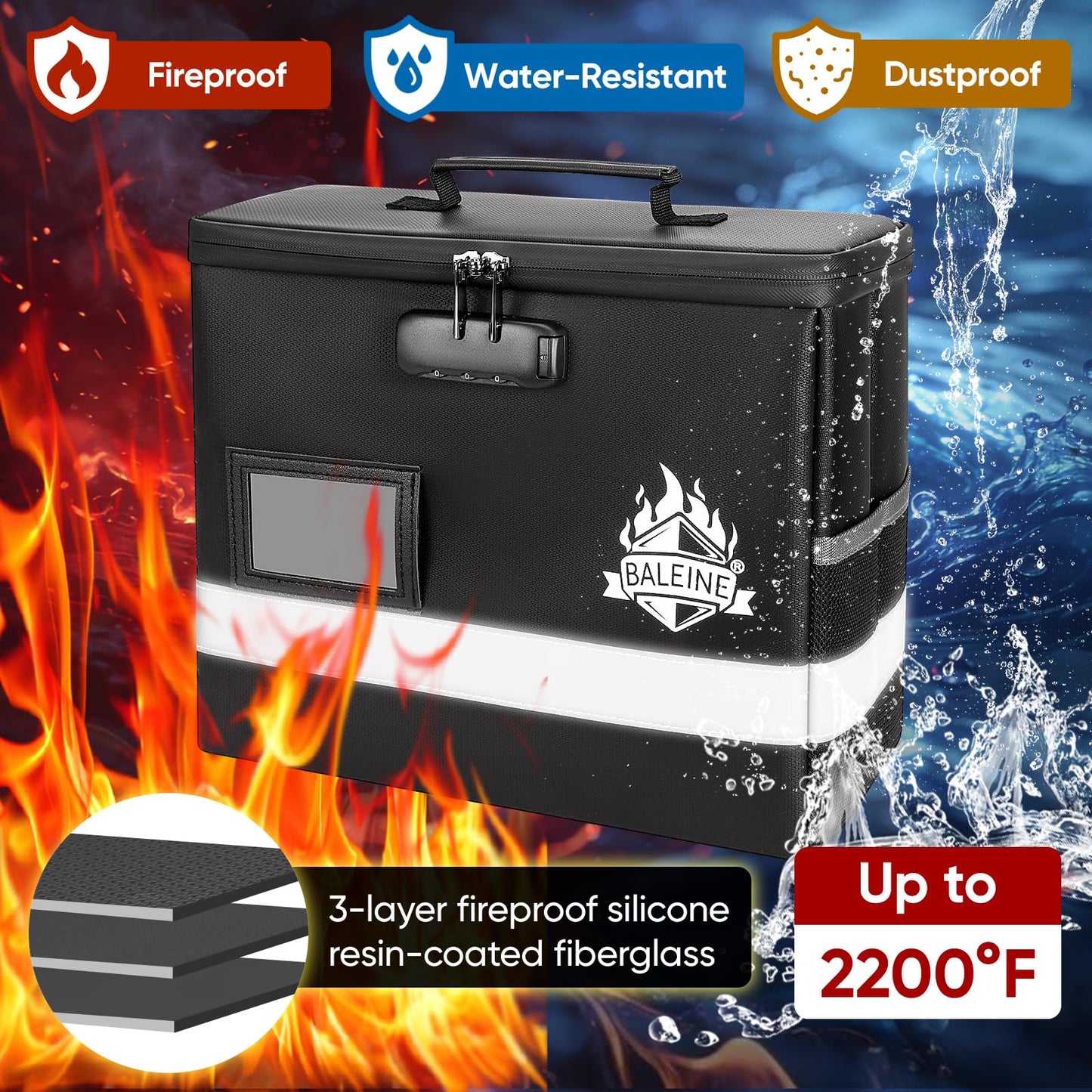 BALEINE Fireproof Document Box with Lock, Portable Fireproof Document Bag Waterproof Fire Proof File Boxes for Documents, File Organizer Box for Important Paperwork (Black, 12.5''x10.5''x6'')