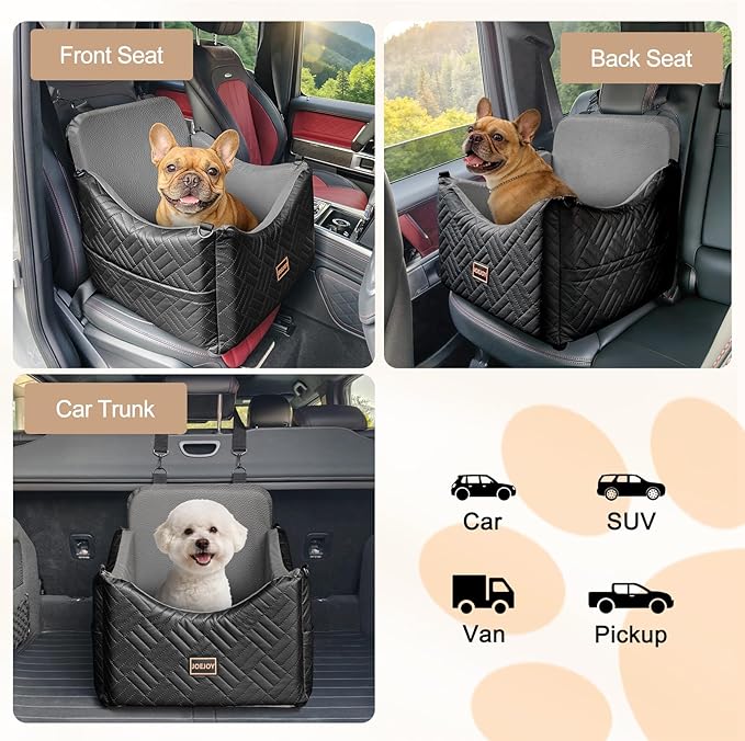 JOEJOY Dog Car Seats for Small Medium Dogs, Wipe Clean Waterproof Detachable PU Leather Cover, Thickened 2 inch Memory Foam Pet Car Seat with Safety Belt and Storage Pockets(No Cushion)