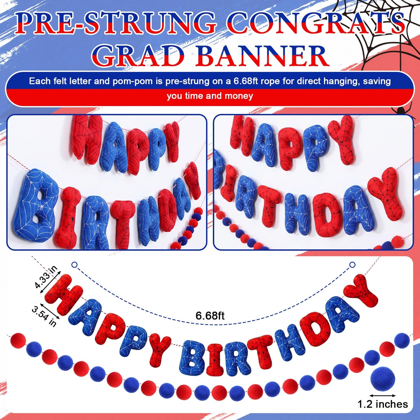 Pre-strung 3D Spider Happy Birthday Banner with Pom Pom Garland Reusable Spider Web Felt Sign for Cartoon Birthday Decorations Movie Hanging Bunting Party Supplies Photo Prop