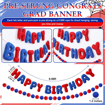 Pre-strung 3D Spider Happy Birthday Banner with Pom Pom Garland Reusable Spider Web Felt Sign for Cartoon Birthday Decorations Movie Hanging Bunting Party Supplies Photo Prop