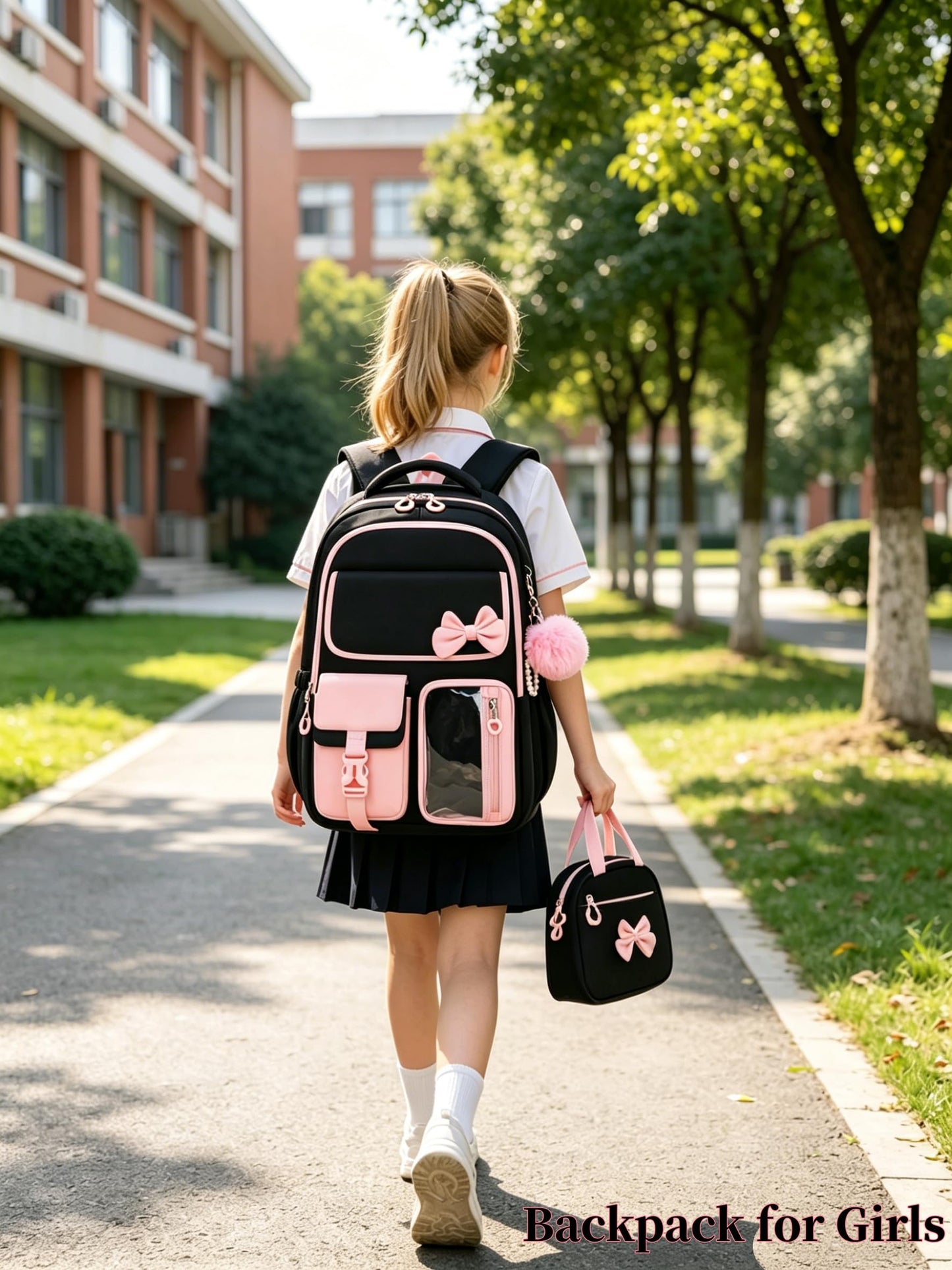 kistou Backpack for Girls Kids Backpack for School with Lunch Bag Pencil Case Kawaii Bow Kids Bookbag for Teen Elementary Middle School