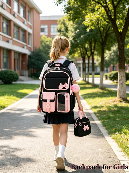 kistou Backpack for Girls Kids Backpack for School with Lunch Bag Pencil Case Kawaii Bow Kids Bookbag for Teen Elementary Middle School