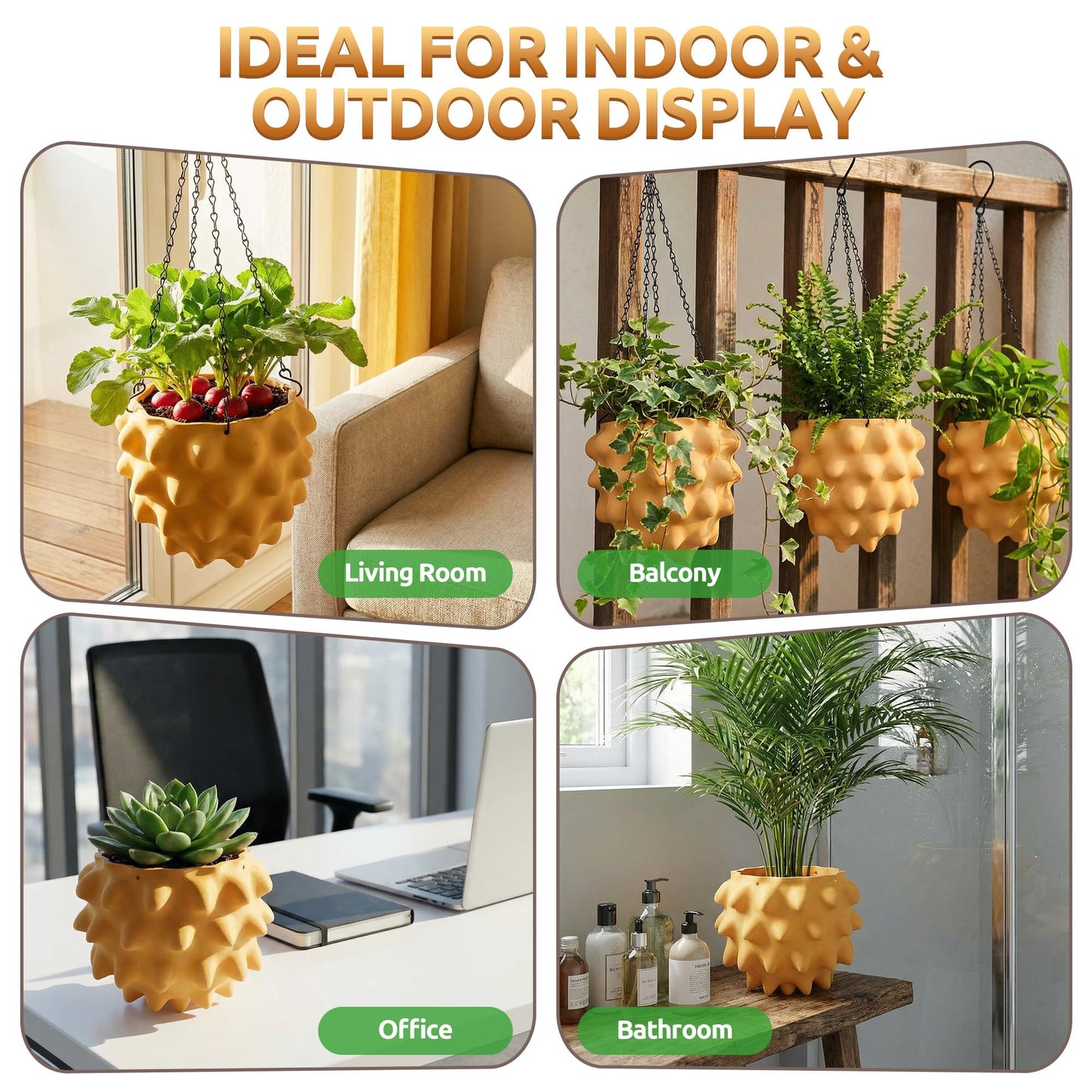 Enhon 6 Inch Hanging Planters for Indoor Plants, Unique Hanging Pots for Plants with Drainage and Hanger Baskets Hangers, Spiked Orb Plant Hanger, Matte Mustard Yellow