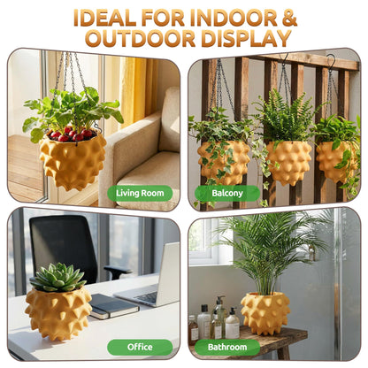 Enhon 6 Inch Hanging Planters for Indoor Plants, Unique Hanging Pots for Plants with Drainage and Hanger Baskets Hangers, Spiked Orb Plant Hanger, Matte Mustard Yellow