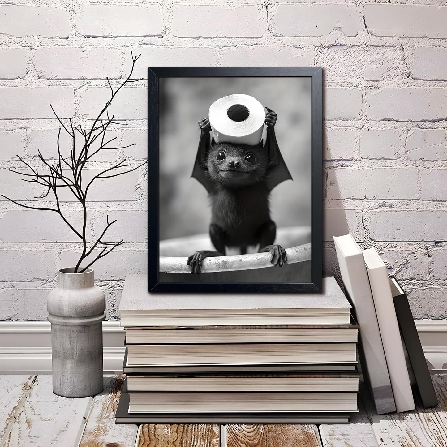 ARKZSHO Black and White Bathroom Wall Art, Funny Bats Canvas Print Poster, Cute Animal Wall Drcor Painting, Modern Farmhouse Restroom Home Decoration (Framed 10''x8'')