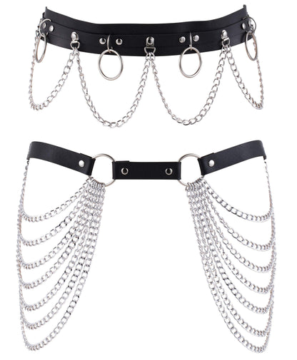 YOVORO 2PCS Punk Waist Belly Chain Belt for Women Leather Layered Body Chain Dance Pary Body Accessories Jewelry