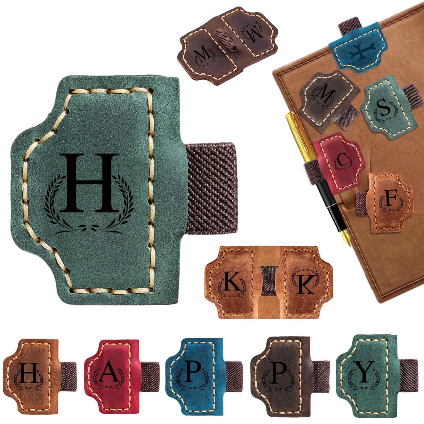 Custom Bygone Mark Bookmark with Pen Holder, 26 Letters Name Initial Personalized Magnetic Leather Bookmark, Gifts for Book Lovers, Readers, Travelers, Leather Book Marks (Blackish Green, H)