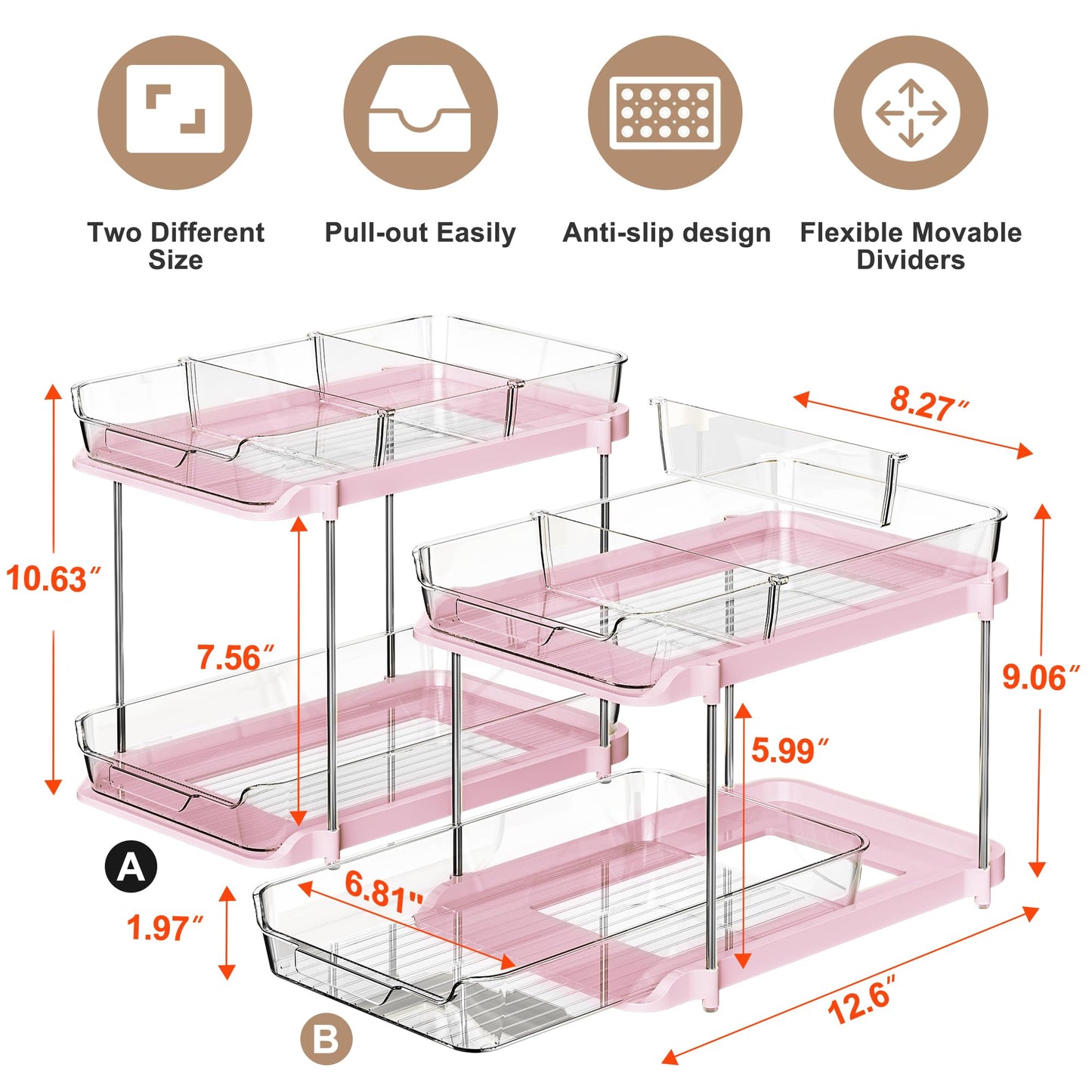 Delamu 2-Tier Multi-Purpose Bathroom Under Sink Organizers and Storage, Stackable Kitchen Pantry Organization, Pull Out Medicine Cabinet Organizer with Movable Dividers, White, 2 Pack
