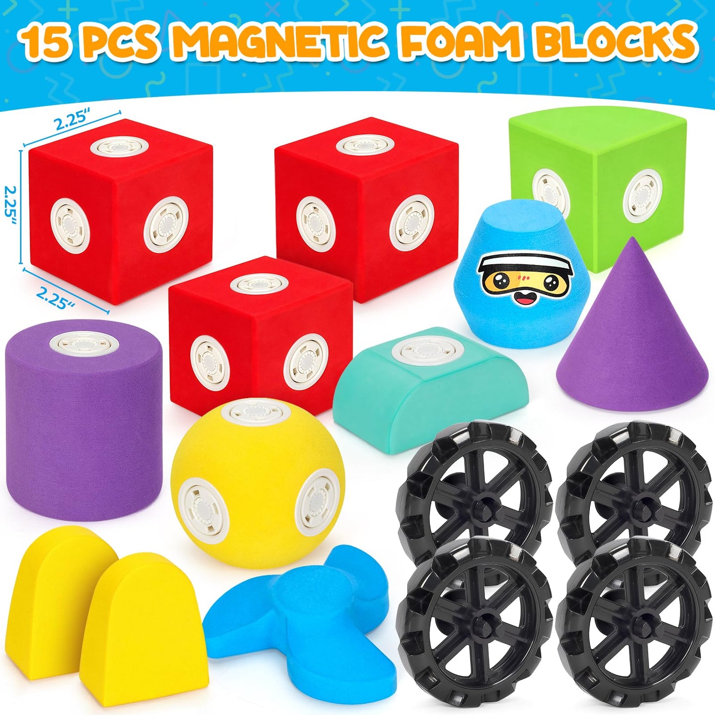 Hodurgyi 15 PCS Magnetic Foam Blocks, STEM Preschool Toys for Children, Magnetic Building Blocks for Toddlers, Kids Bath Toys and Montessori Sensory Toys, Birthday for Boys & Girls Age 3 4 5 6+