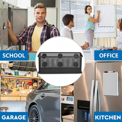 TAPBULL Mesh Magnetic Storage Baskets - Set of 2 (Black) with Anti-Slip Feature and Strong Magnets - Magnetic Locker Organizer and Pencil Holder for Whiteboard and Refrigerator (Black-2 pcs)