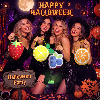 Cosblank 4 Pcs Halloween Fruit Inspired Treat Bags Orange Lemon Strawberry Blueberry Trick or Treat Bags Fruit Handbags for Group Costumes Party Favors and Home Decor