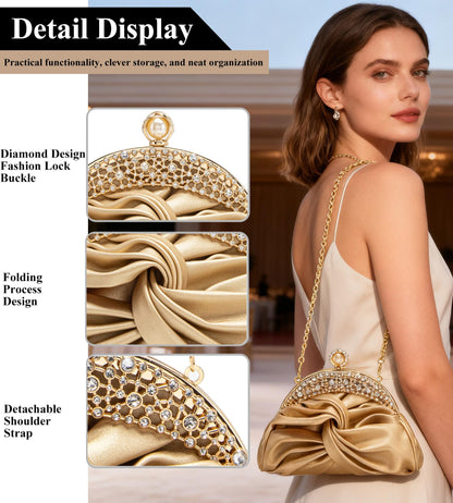 Sweetovo Rhinestone Evening Clutch Purse for Women, Sparkly Party Shoulder Handbag Wedding Bag with Chain (Gold)