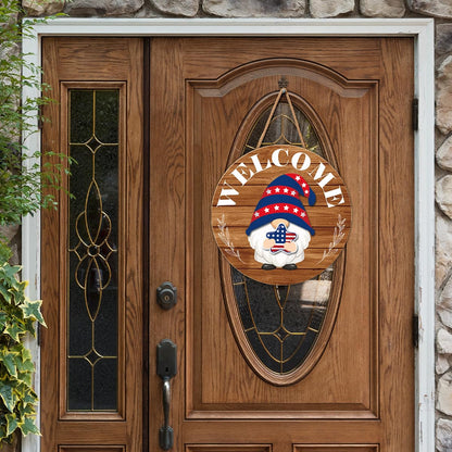 Interchangeable Gnome Welcome Sign Summer Patriotic 4th of July Porch Decor, Changeable Wooden Gnomes Front Door Decoration Wreath Hanger for Spring Fall Winter All Seasons Holiday, Russety