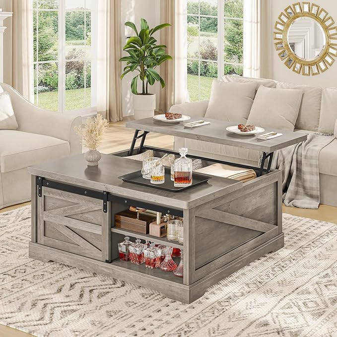 Itaar 39.4'' Lift Top Coffee Table with Storage, Farmhouse Coffee Tables for Living Room, Square Coffee Table with Large Hodden Compartment & 2 Drawrs & Adjustables Shelves (Gray)