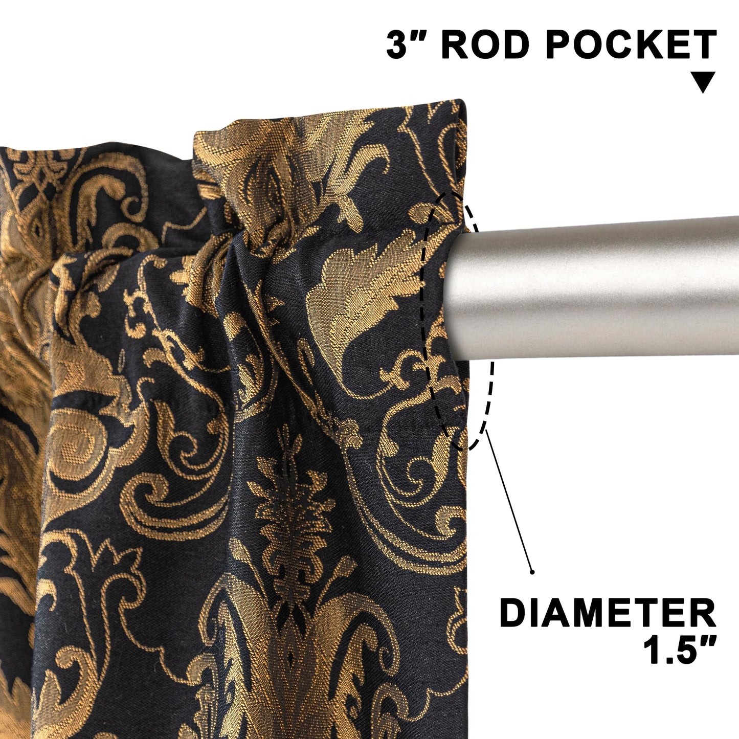 Loom and Mill Luxury Black Damask Curtains for Bedroom, Textured Lined Jacquard Curtains 2 Panels with Tiebacks, Window Curtain for Living Room Banquet Halloween Decor, Rod Pocket(42”x 63”, 2 Panels)