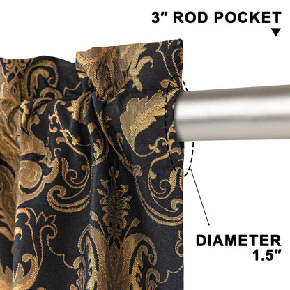 Loom and Mill Luxury Black Damask Curtains for Bedroom, Textured Lined Jacquard Curtains 2 Panels with Tiebacks, Window Curtain for Living Room Banquet Halloween Decor, Rod Pocket(42”x 63”, 2 Panels)