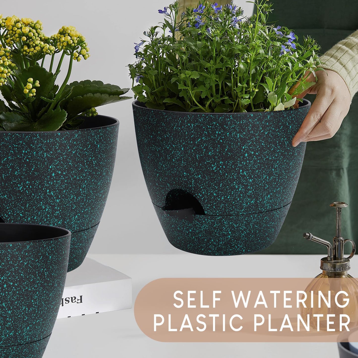 YNNICO Plant Pots 10/9/8/7.5/7 inch, Self Watering Planters with Drainage Holes & Saucers for Indoor and Outdoor Plants (Green Speckles)