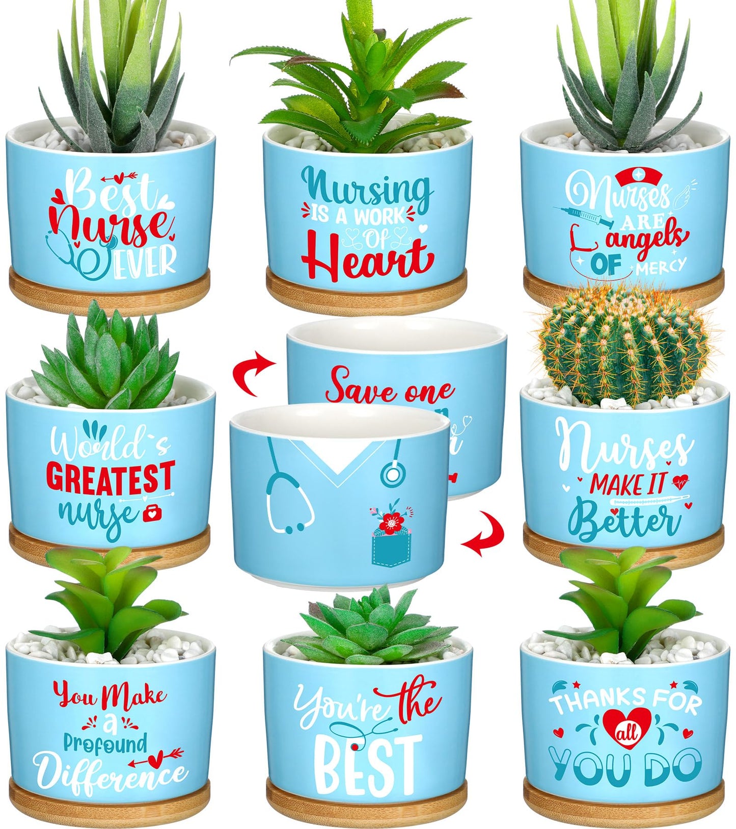 Domensi 9 Pcs Nurse Appreciation Gifts Ceramic Succulent Plant Pot with Bamboo Tray Ceramic Planter Accessories for Nurse Ever Gift Nurse Graduation Season Birthday Gifts