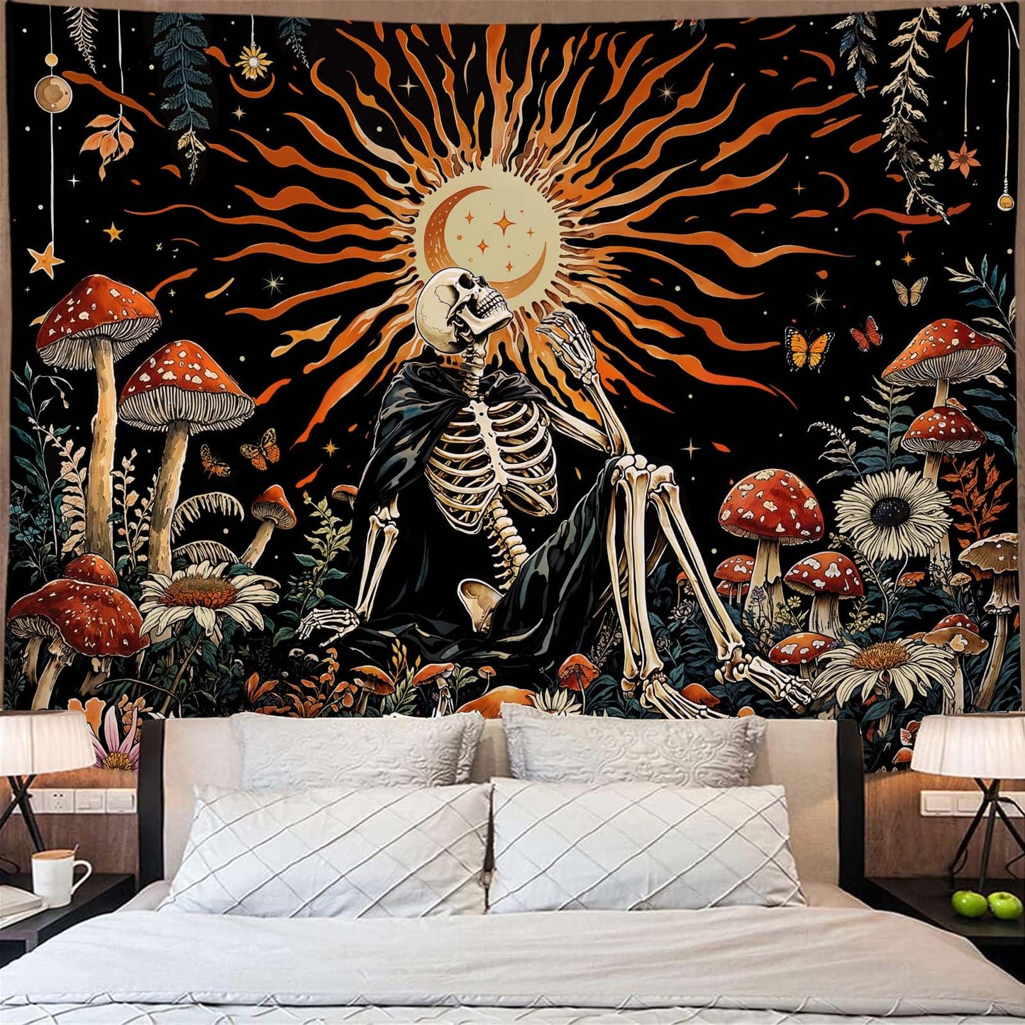 Kanuyee Fantast Meditating Skeleton Tapestry Mushroom Wall Art Tapestries Gothic Boho Room Decor Aesthetic Wall Hanging for Bedroom Dorm Living Room Fantasy Art 90x70 Inch