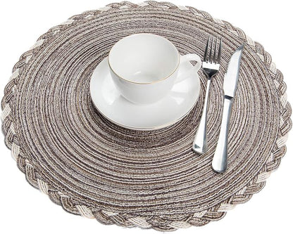 SHACOS Round Placemats Set of 6 Braided Glitter Round Table Placemats 15 inch for Wedding Holiday Party (Multicolor - Light Coffee, 6)