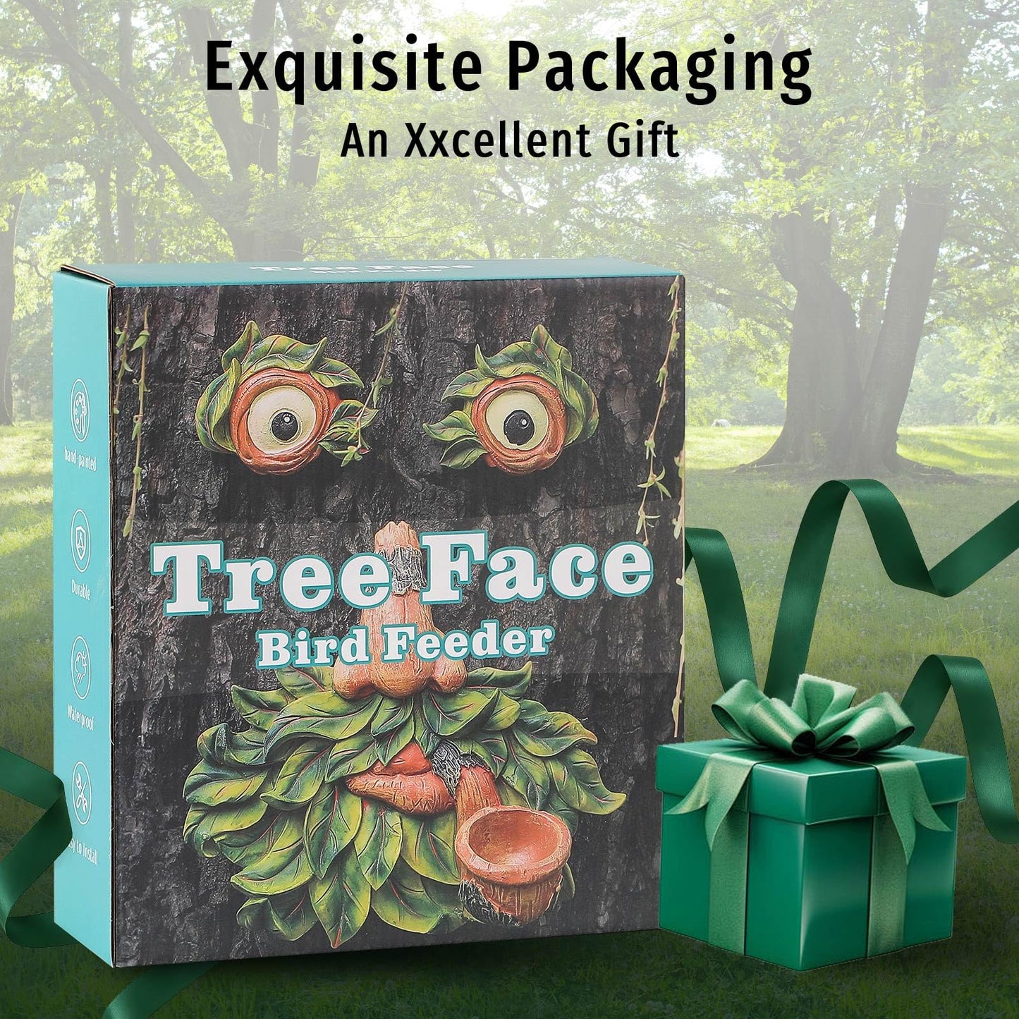 Flytime Tree Face Decor Outdoor,Whimsical Outdoor Art with Bird Feeder,Tree Hugger Bark Ghost Face Decoration Funny Yard Art,Garden Creative Decoration (8 INCH)