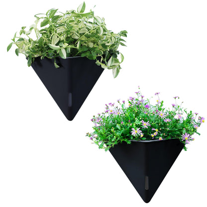 LaLaGreen Bundle - 12" x 2 Pack Gray + 12" x 2 Pack Black Large Self Watering Geometric Hanging Flower Vase Vessel with Metal Hanger, Modern Stylish Wall Mounted Succulent Pot Holder Decor
