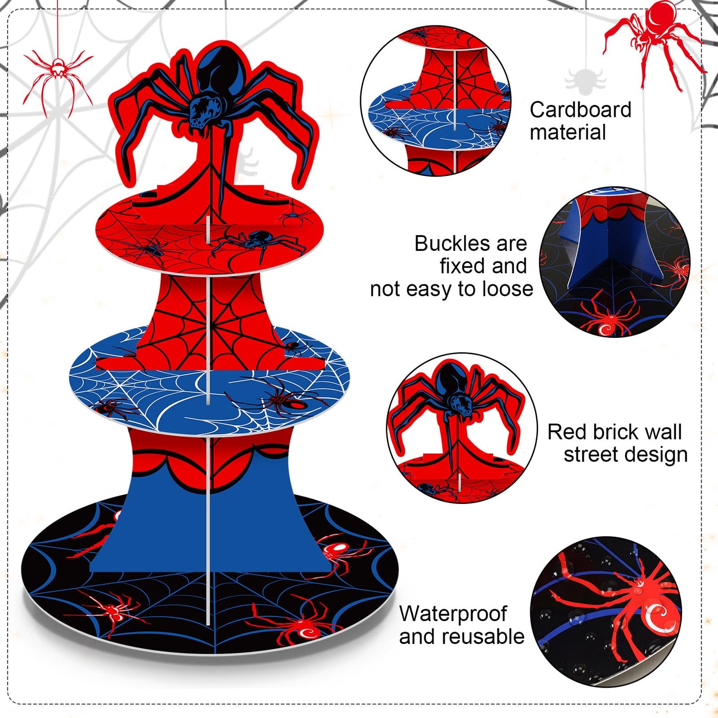 Widecook 3 Tier Spider Cupcake Stand Spider Birthday Party Decorations Cupcake Tower Hero Theme Cake Holder Hero Dessert Holder Table Display for Birthday Baby Shower Party Supplies