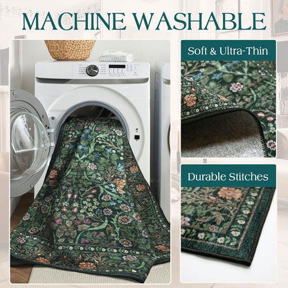 Othilic Moss Green 8x8 Square Rug - Soft Washable Boho Floral Living Room Rug Non Slip Stain Resistant Dark Forest Botanical 8' Square Area Rugs for Bedroom Guest Room Dining Room Rugs for Under Table