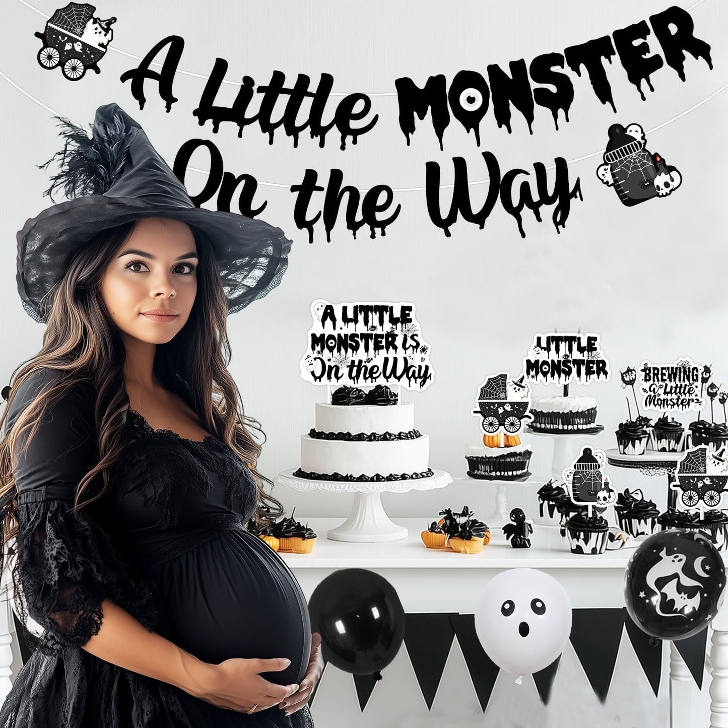 Halloween Gothic Baby Shower Decorations, A Little Monster is on the Way Banner Garland Ghost Bat Little Monster Cake and Cupcake Toppers Balloons Kit for Halloween a Baby Is Brewing Party Supplies