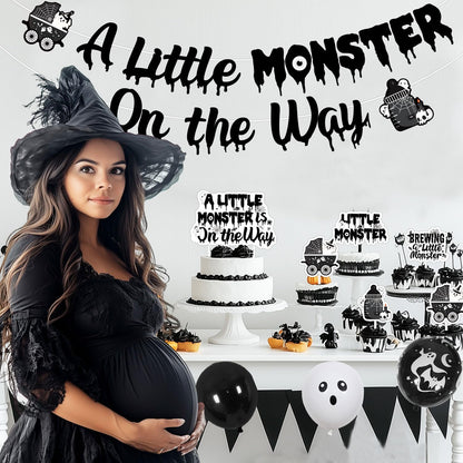 Halloween Gothic Baby Shower Decorations, A Little Monster is on the Way Banner Garland Ghost Bat Little Monster Cake and Cupcake Toppers Balloons Kit for Halloween a Baby Is Brewing Party Supplies