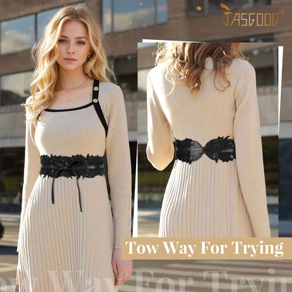JASGOOD Women Lace Waist Belt Corset Waist Band Belt For Dress Obi Bowknot Cinch Wide Belt Bow Tie Wrap Boho Faux Leather,Black