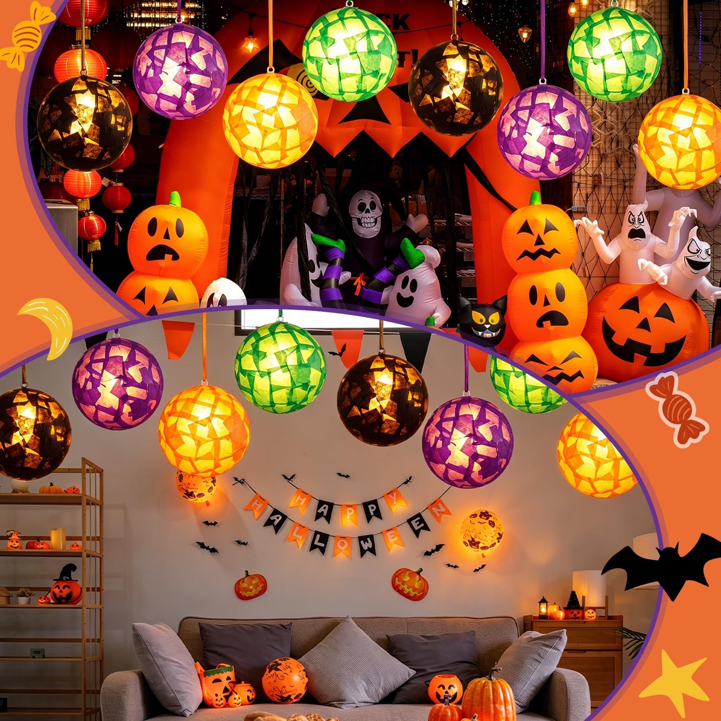 Simgoing 12 Sets Halloween Crafts with LED Candlelight DIY 3D Tissue Paper Lantern Hanging Decoration Suncatchers Lanterns Craft Kits for Halloween Party Decors Home Activity