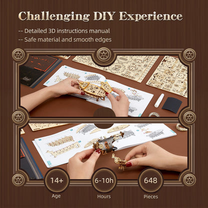 FUNPOLA LED 3D Wood Puzzle Fantasy Airship Model - Steampunk DIY Craft Kit with LED Lights – Intricate Wooden Airship Model Building Set for Teens and Adults(Gray)