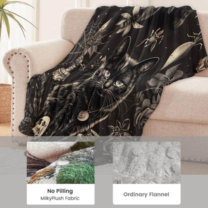 Goth Skull Blanket for Boys Kids Men Women, Flannel Skeleton Blankets Gifts, Halloween Black Cat Throw Blanket for Sofa Couch Bed Living Room Soft Warm Cozy Gothic Decor 60" x 50"