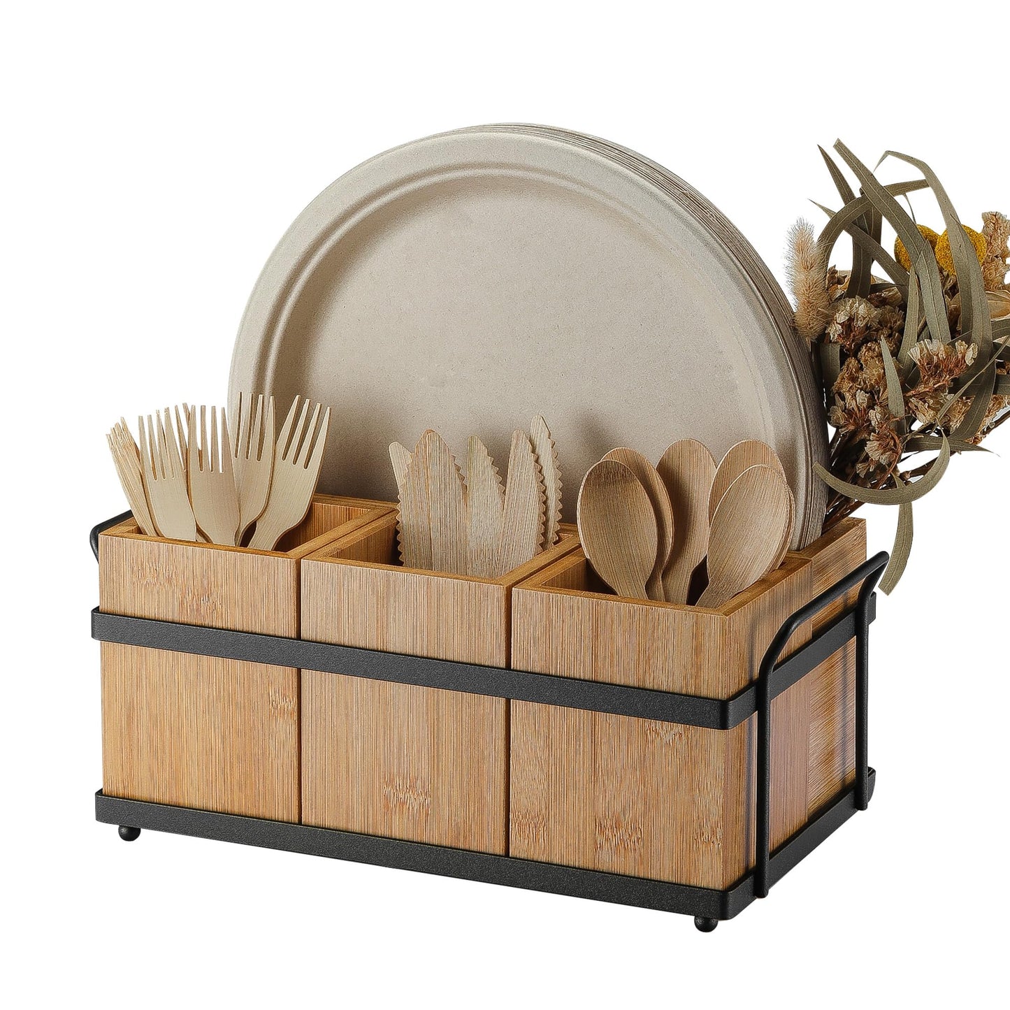 PTSTING Silverware Caddy Wood Utensil Holder Paper Plate Dispenser Silverware Utensil Caddy Cutlery Flatware Organizer Box for Spoons Forks Plates Napkins