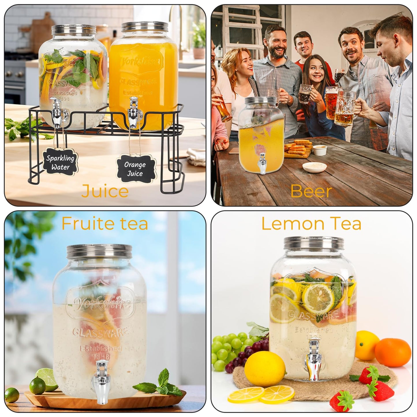 2 PACK 1 Gallon Glass Drink Dispensers, Beverage Dispenser With Stand