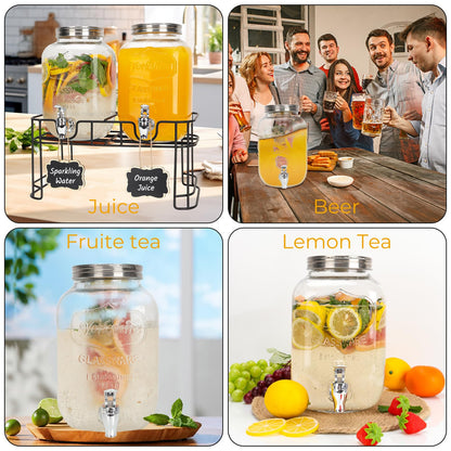 2 PACK 1 Gallon Glass Drink Dispensers, Beverage Dispenser With Stand