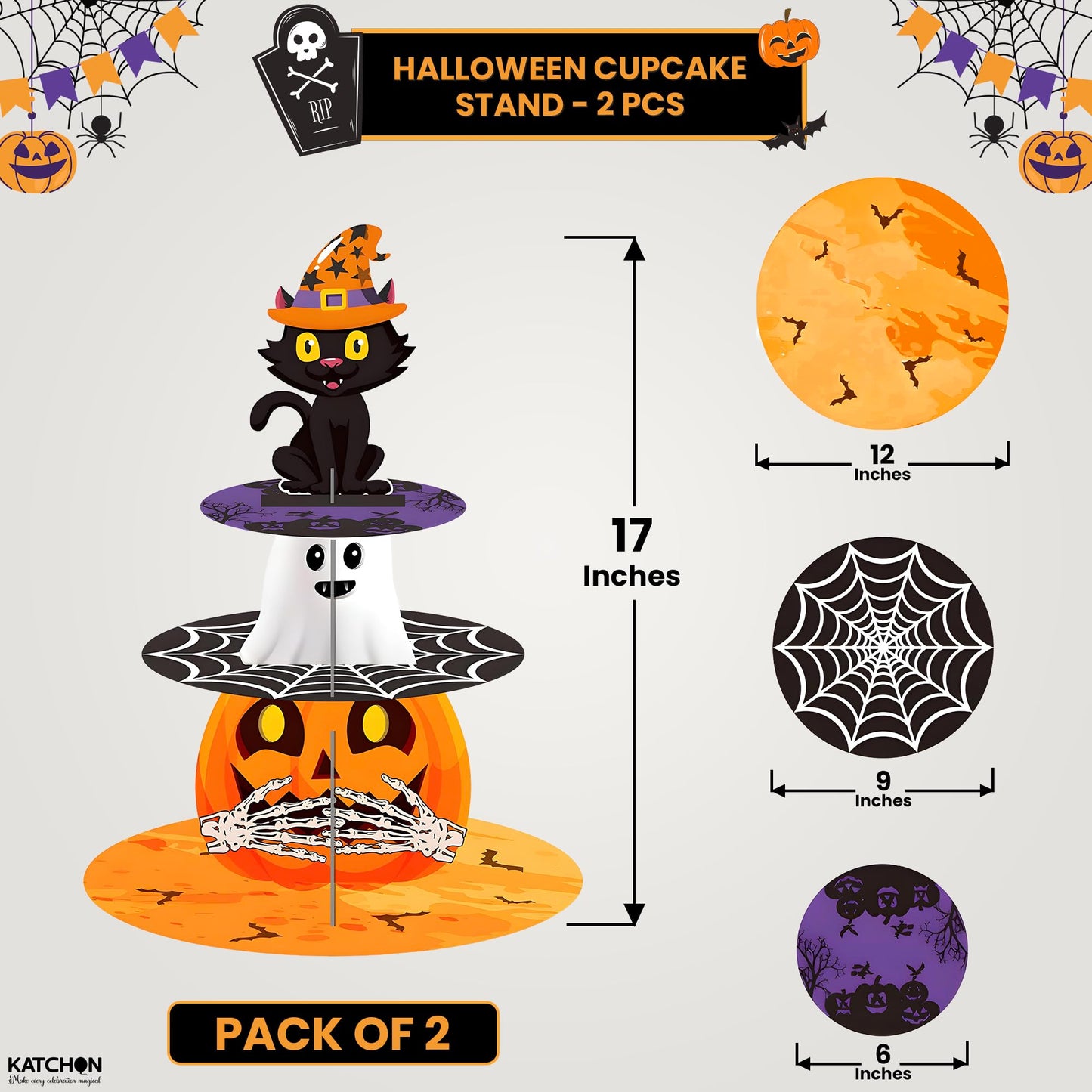 KatchOn, Halloween Cupcake Stand - Pack of 2 | 3-Tier, Cupcake Tower for Halloween Dessert Table, Cupcake Holder, Indoor & Outdoor Decor, Pumpkin Cake Stand, Halloween Cake Decorations