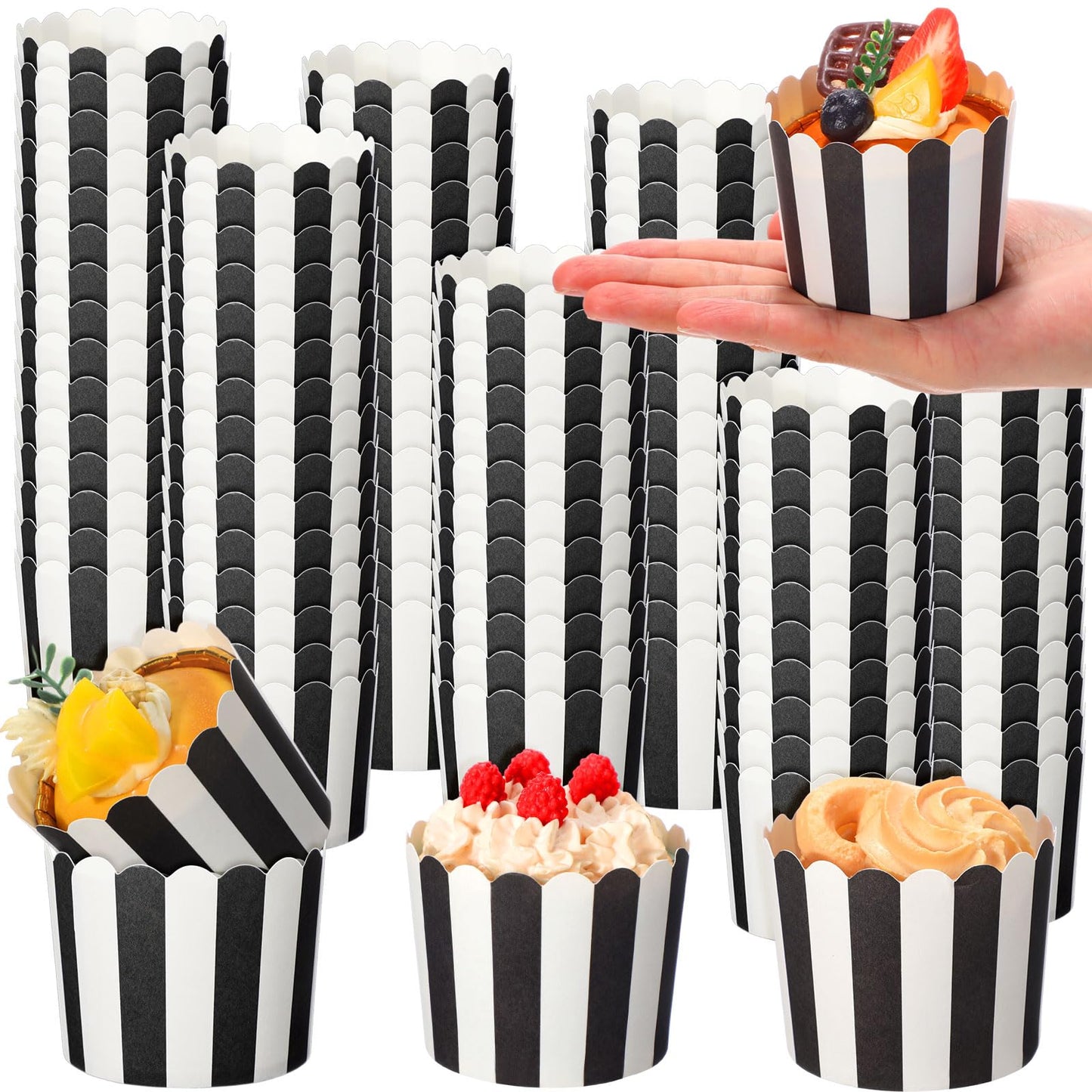 Romooa 300 Pcs Cupcake Liners Baking Paper Cup Muffin Liners Stripes Cupcake Wrappers 2.3 Inch Muffin Baking Cups for Carnival Halloween Birthday Party Supplies(Black and White)