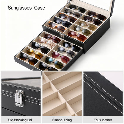Luckybell 20 Slots PU Leather Sunglasses Organizer Jewelry Box,Multiple Pairs of Large Sunglasses Case Holder with Clear Lid