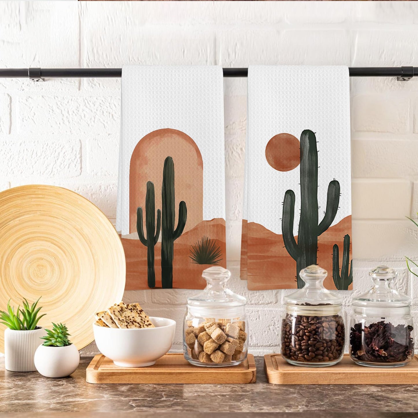 GWFSJYU Boho Southwest Cactus Kitchen Towels Set of 2, Vinatge Western Dish Tea Towels for Kitchen, Southwestern Boho Sun Decorative Hand Towel for Bathroom, Western Bathroom Decor, 16x24 Inch