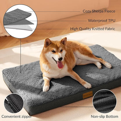 Patas Lague Orthopedic Jumbo Dog Bed for Large Sized Dog 56''X40'', Soft Waterproof Egg Crate Foam Large Pet Crate Beds Mat with Removable Washable Cover and Non-Slip Bottom, Dark Grey