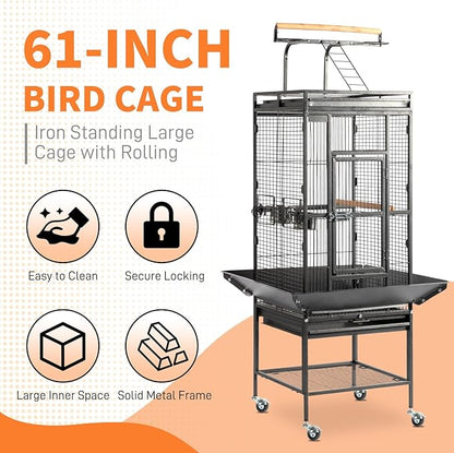 VINGLI Bird Cage with Wheels, 62 inch Bird Cages with Play Top, Wrought Iron Cage with Rolling Stand for Parrots, Cockatiels, Budgies, Lovebirds, Small/Medium Birds