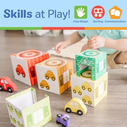 Melissa & Doug Nesting and Sorting Garages and Cars with 7 Graduated Garages and 7 Stackable Wooden Cars - FSC Certified