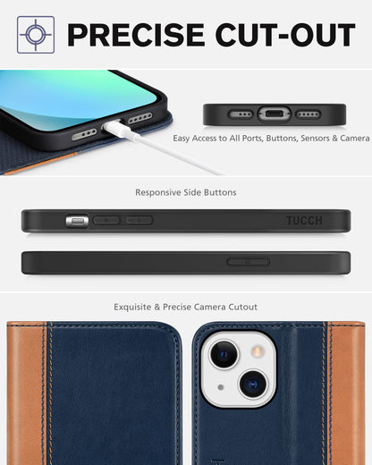 TUCCH Case for iPhone 13 Wallet Case 5G, [Card Holder] Slots Folio PU Leather Cover, Kickstand Flip Case with [TPU Shockproof Interior Case] Compatible with iPhone 13 6.1-inch 2021, Brown & Dark Blue