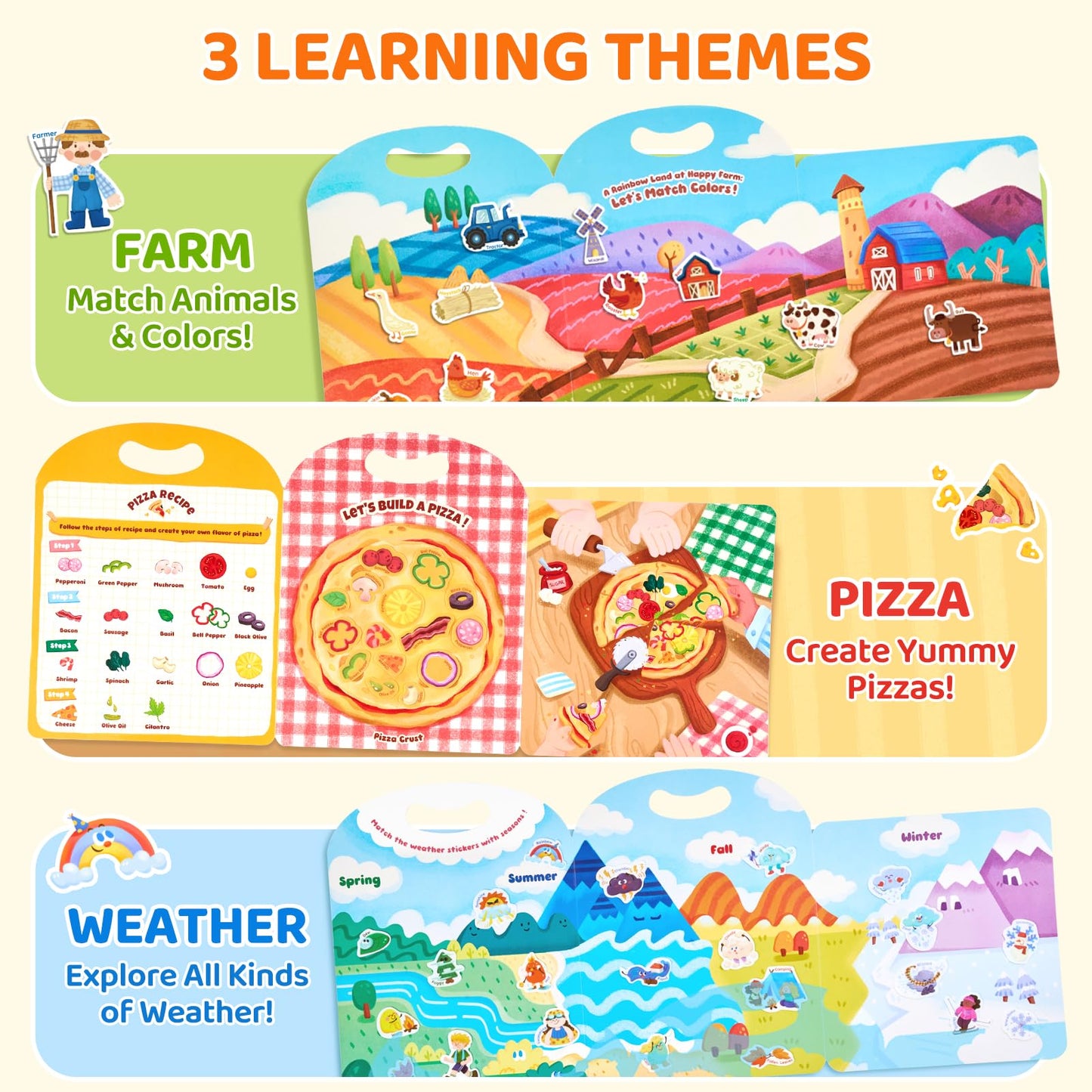 JoyCat Reusable Sticker Book Set (3-Pack): Farm, Pizza-Making, Weather - 90 Pcs Stickers for Toddlers, Kids Sticker Activity Book, Road Trip Travel Toys, Birthday Gifts for Boys and Girls